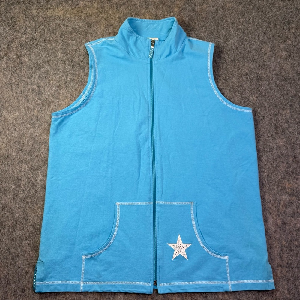 The Quacker Factory Vest Womens Size L Light Blue Embellished Mock Neck Full Zip